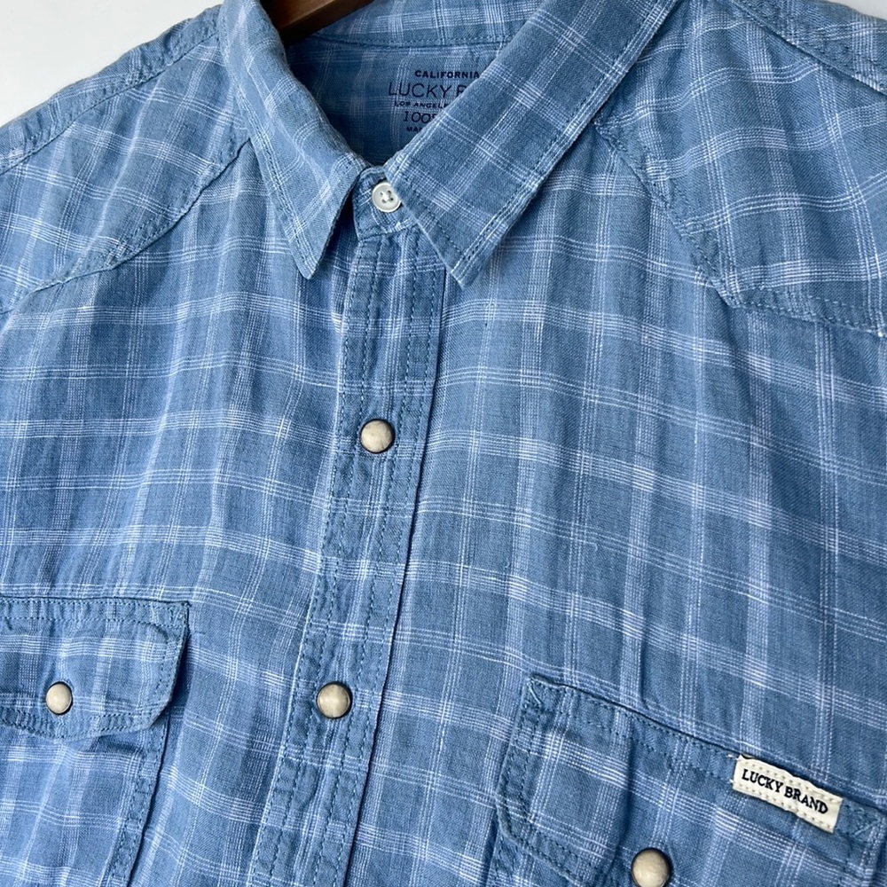 Lucky Brand 100% Linen Short Sleeve Western Plaid Shirt